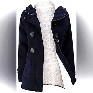 JiangWu Womens Fashion Horn Button Fleece Coat with Hood Winter Warm Jacket